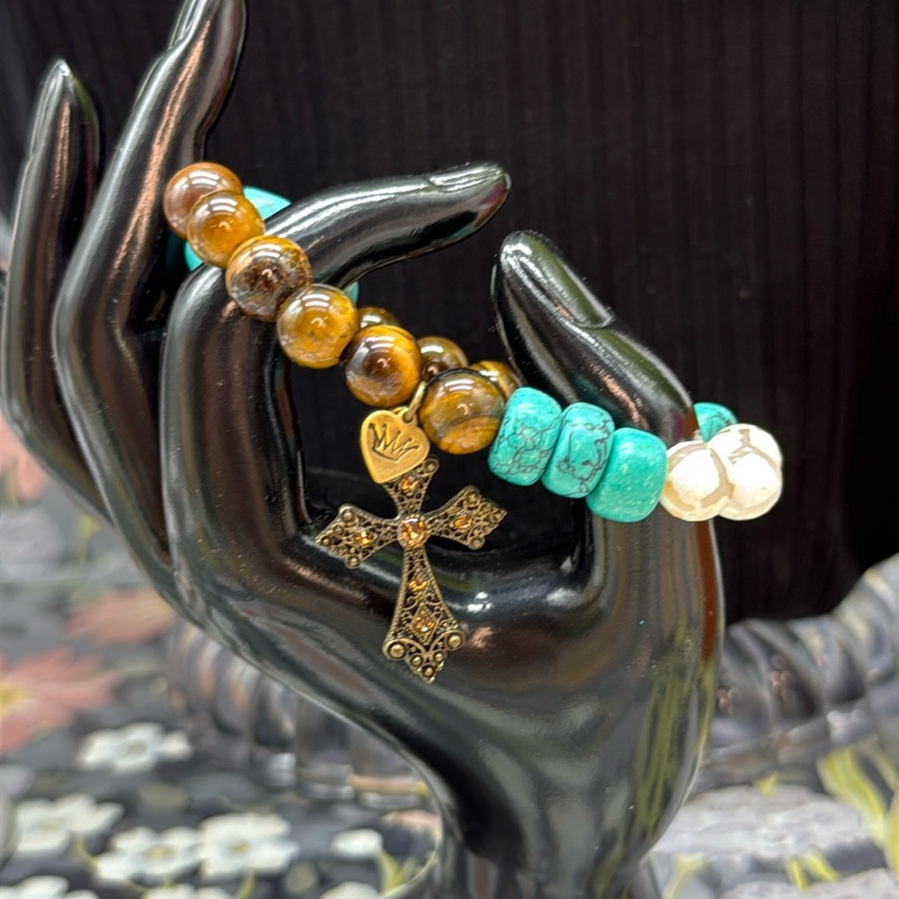 ⭐️Adorned Crown Jewelry assemblage stretch beaded turquoise cross bracelet
